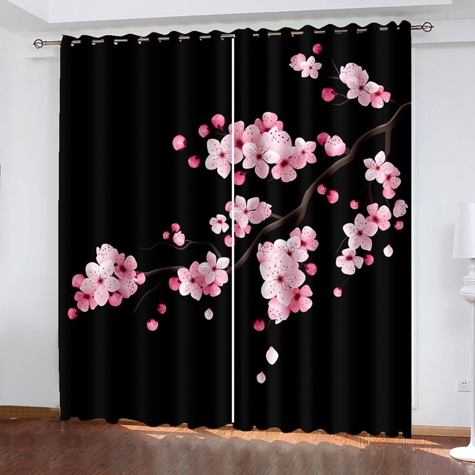 Lot de 2 Rideau Occultant Chambre Enfant,2 x 96W x 138H CM,Rideau avec Oeillets Motifs de Branches de Fleurs Rideaux Rose Noire Moderne Balcon