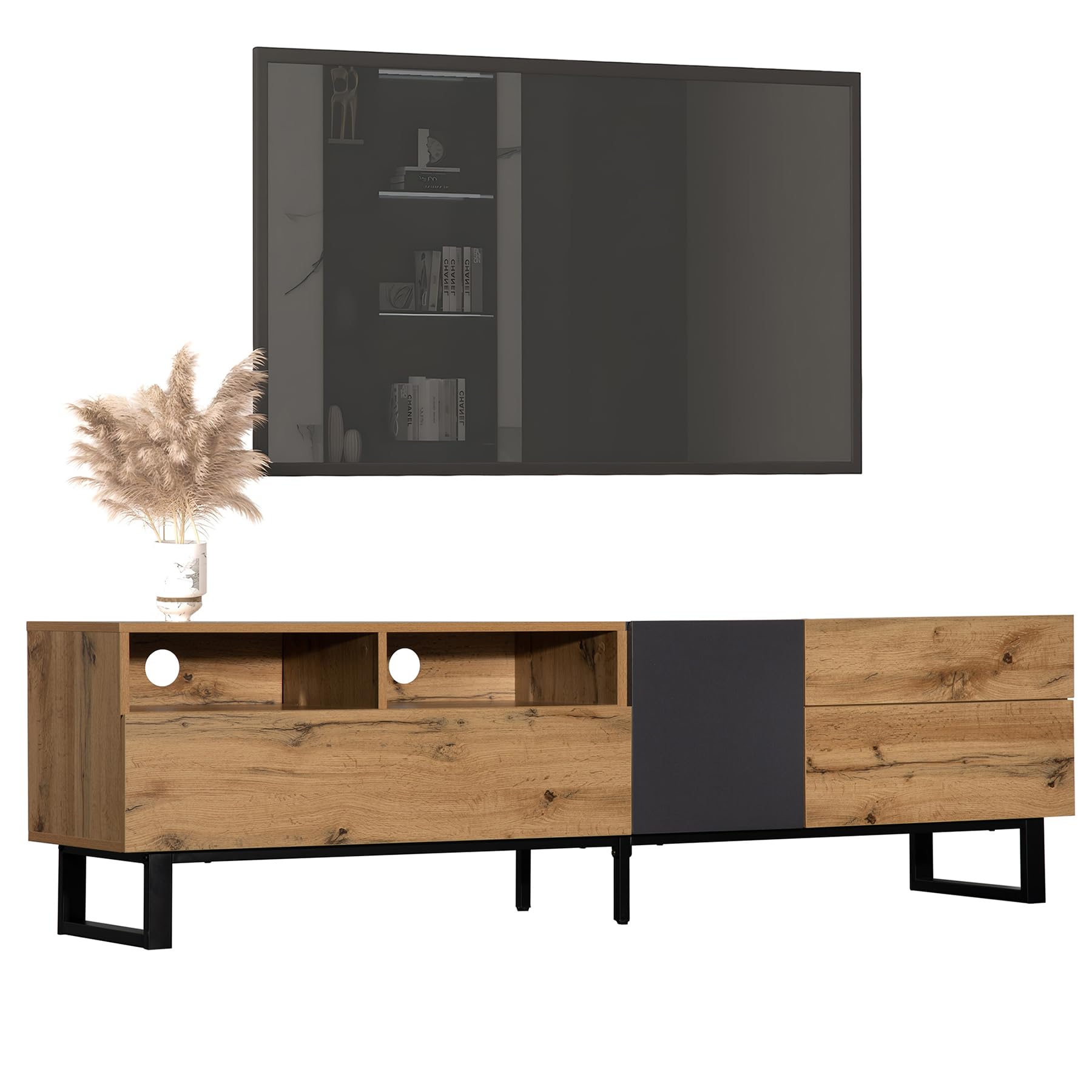 TV Board I Moderner Colorblocking Lowboard TV-Schrank mit Holzmaserung 180cm I Praktische Aufbewahrungsfunktion - Ergonomisches Design Fernsehschrank I Schwarz/Anthrazit