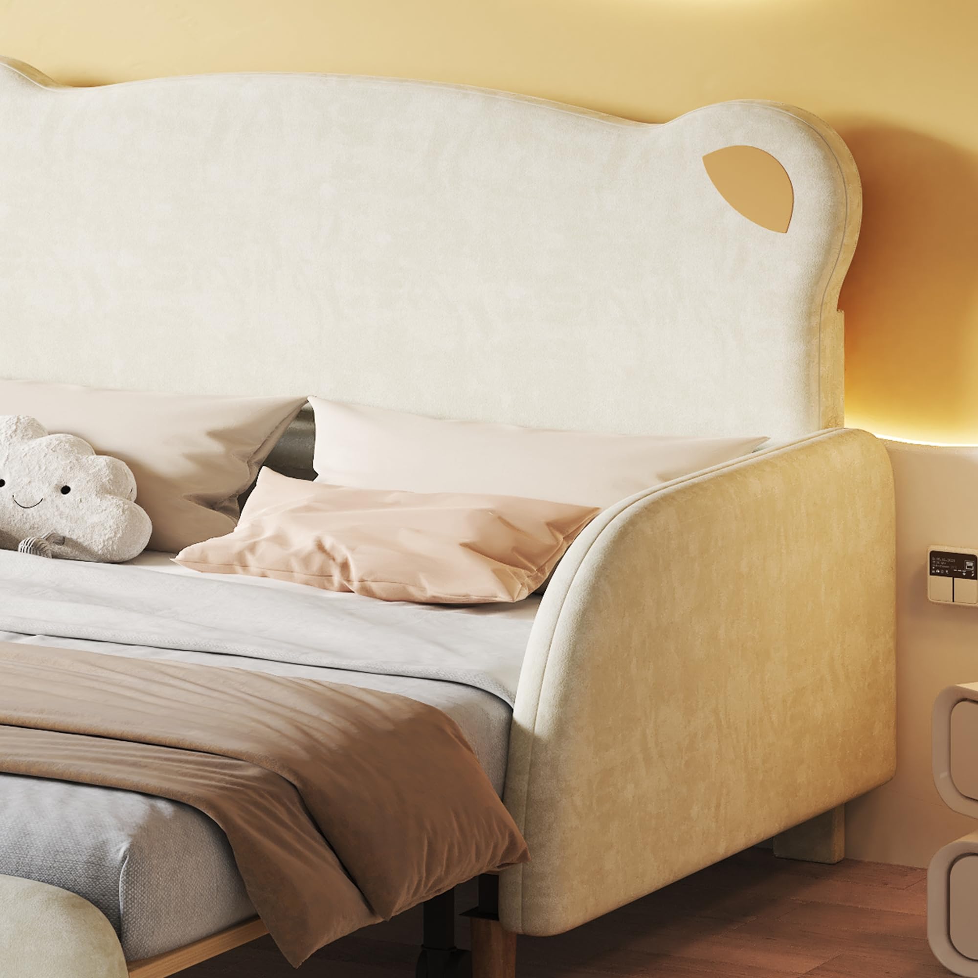 Merax Cama infantil de 140 x 200 cm, cama acolchada con cama nido, cama de terciopelo con bordes protectores suaves y somier de láminas de madera, cama doble para habitación infantil, color beige