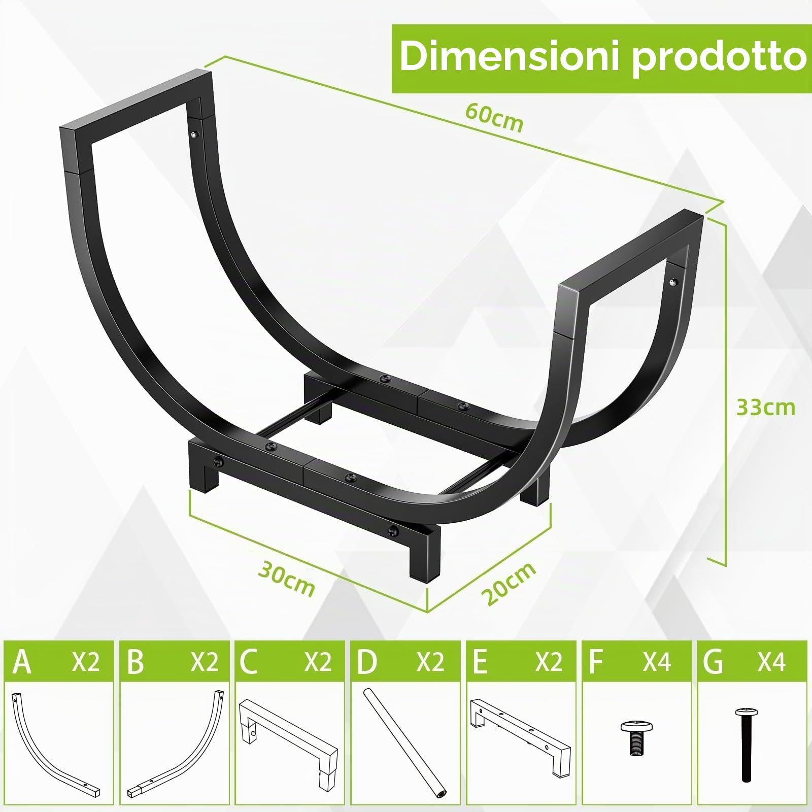 Bomclap Scaffale per legna da ardere in metallo, a forma di U, per interni ed esterni, 60 x 20 x 33 cm, Nero