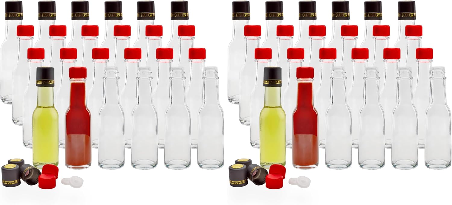 Cornucopia Brands 3oz Mini Hot Sauce Bottles (Pack of 48) Little Sauce Bottles w/Red Caps, Dripper Inserts, and Black Shrink Bands