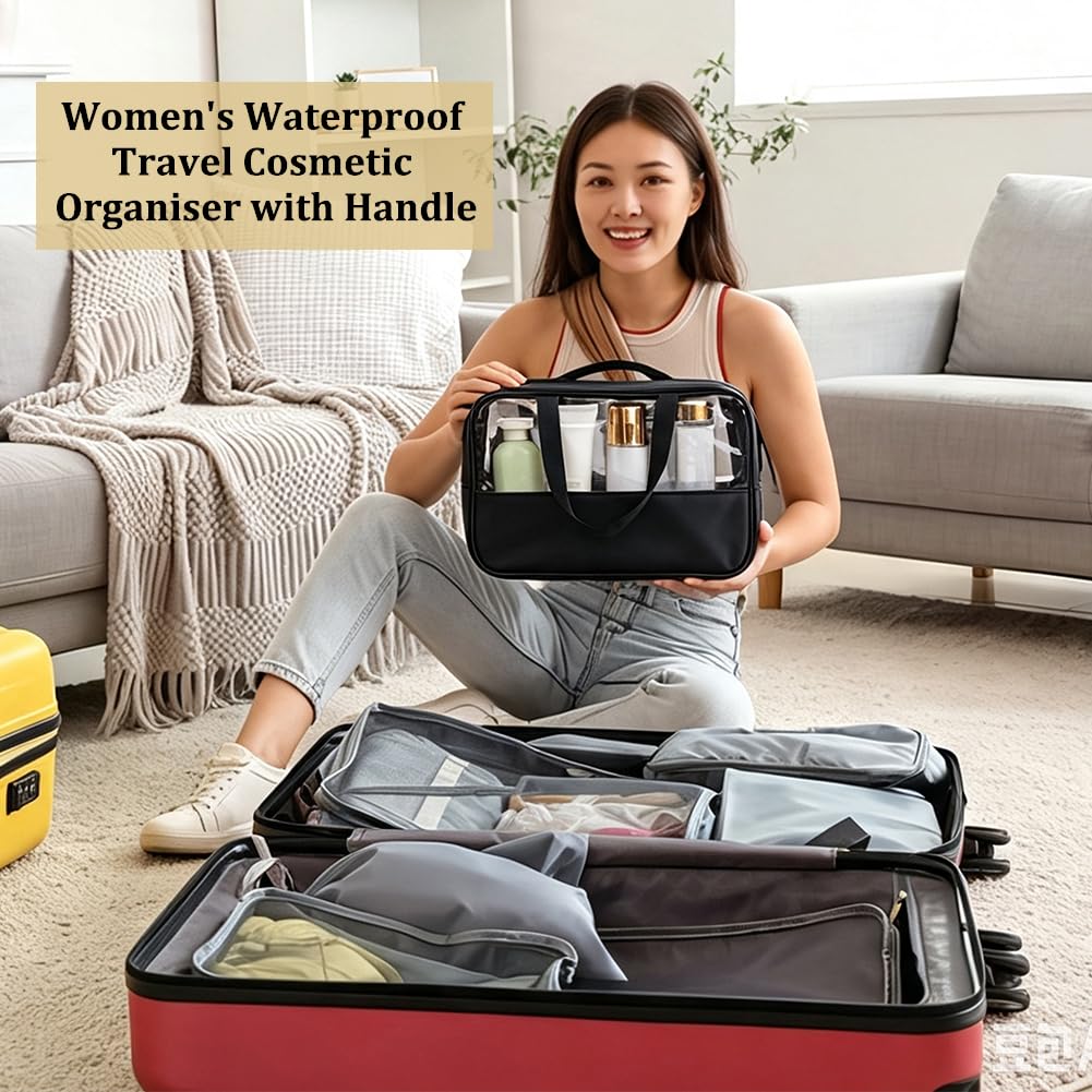 AHANDMAKER 9 astucci trasparenti per cosmetici con chiusura lampo, rettangolari, da viaggio, con manici da appendere, per donne, viaggi, organizer quotidiano