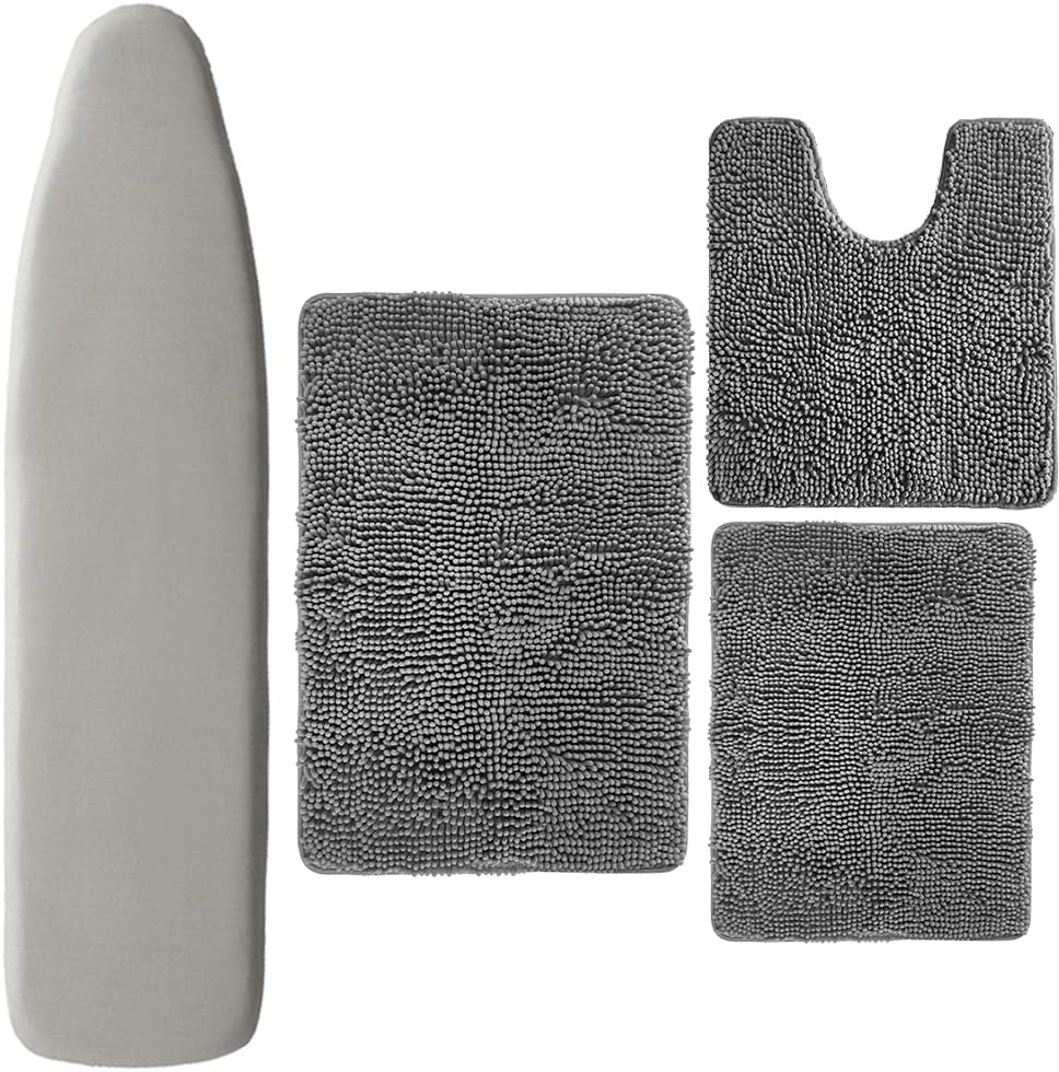 GORILLA GRIP Ironing Board Cover, 15x54, Silver and Bath Rug Set of 3, 30x20, Gray Bundle