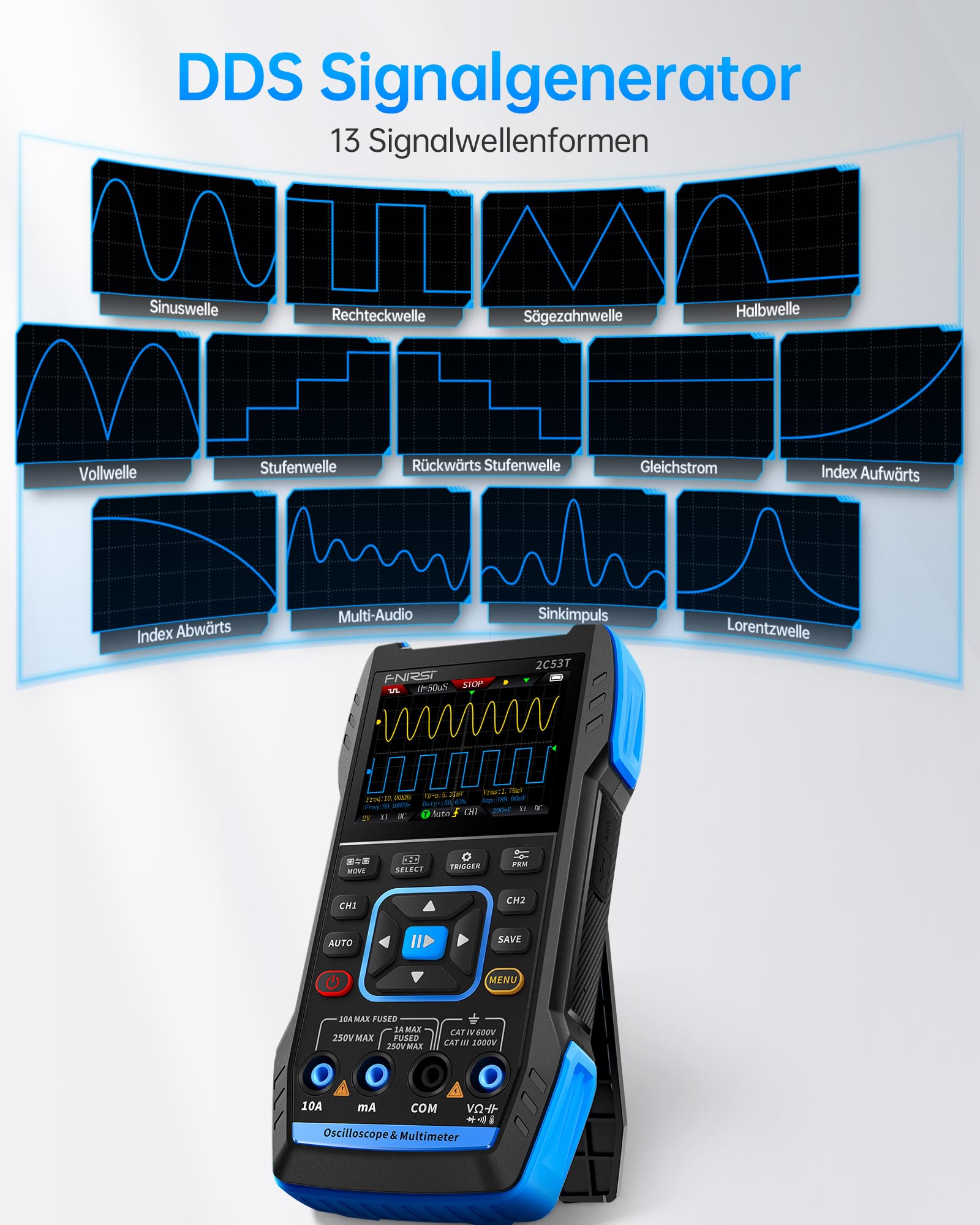 FNIRSI 2C53T Osciloscopio Portátil Digital 3 en 1 50MHz 250MS/s Multímetro Generador de Señales DDS