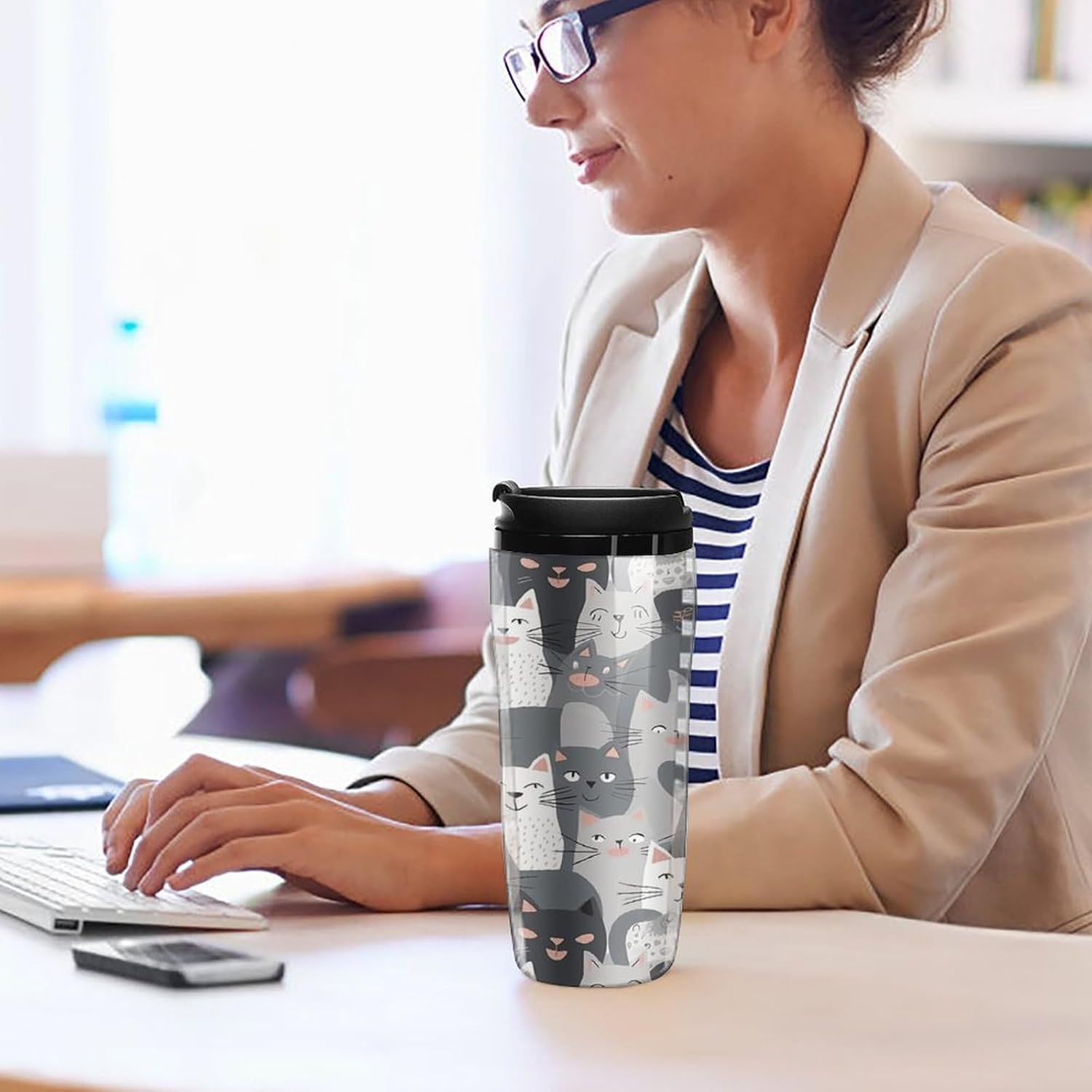 Cute Funny Grey Cats Pattern Coffee Cup Reusable Portable Water Bottle with Double-Walled Plastic,Coffee Mug for Hot & Cold Drinks, Cup Holder Friendly 350ml