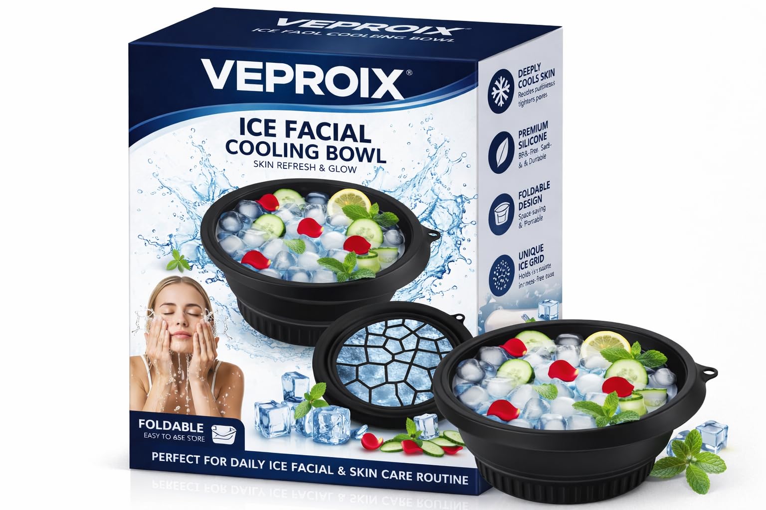 VEPROIX Silicone Facial Ice Bath Bowl with Built-in Ice Tray, Collapsible Face Ice Bowl for Cold Plunge Therapy, Skin Tightening, Acne Relief & Pore Care, Portable Ice Water Facial Tool