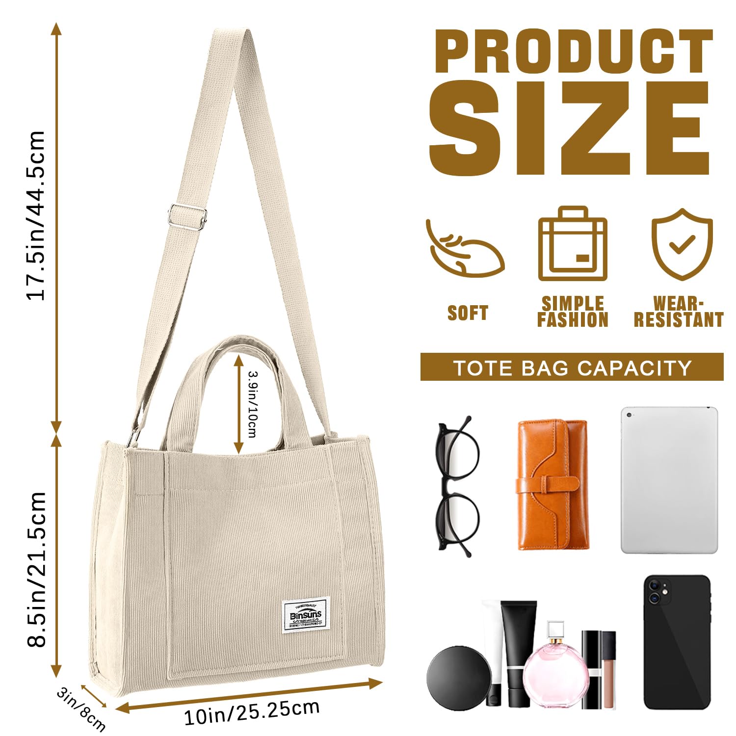 Corduroy Tote Bag for Women Small Satchel Bag Mini Tote Bag Aesthetic Crossbody Bag Handbag - School Work Travel Shopping(Small-Cream)