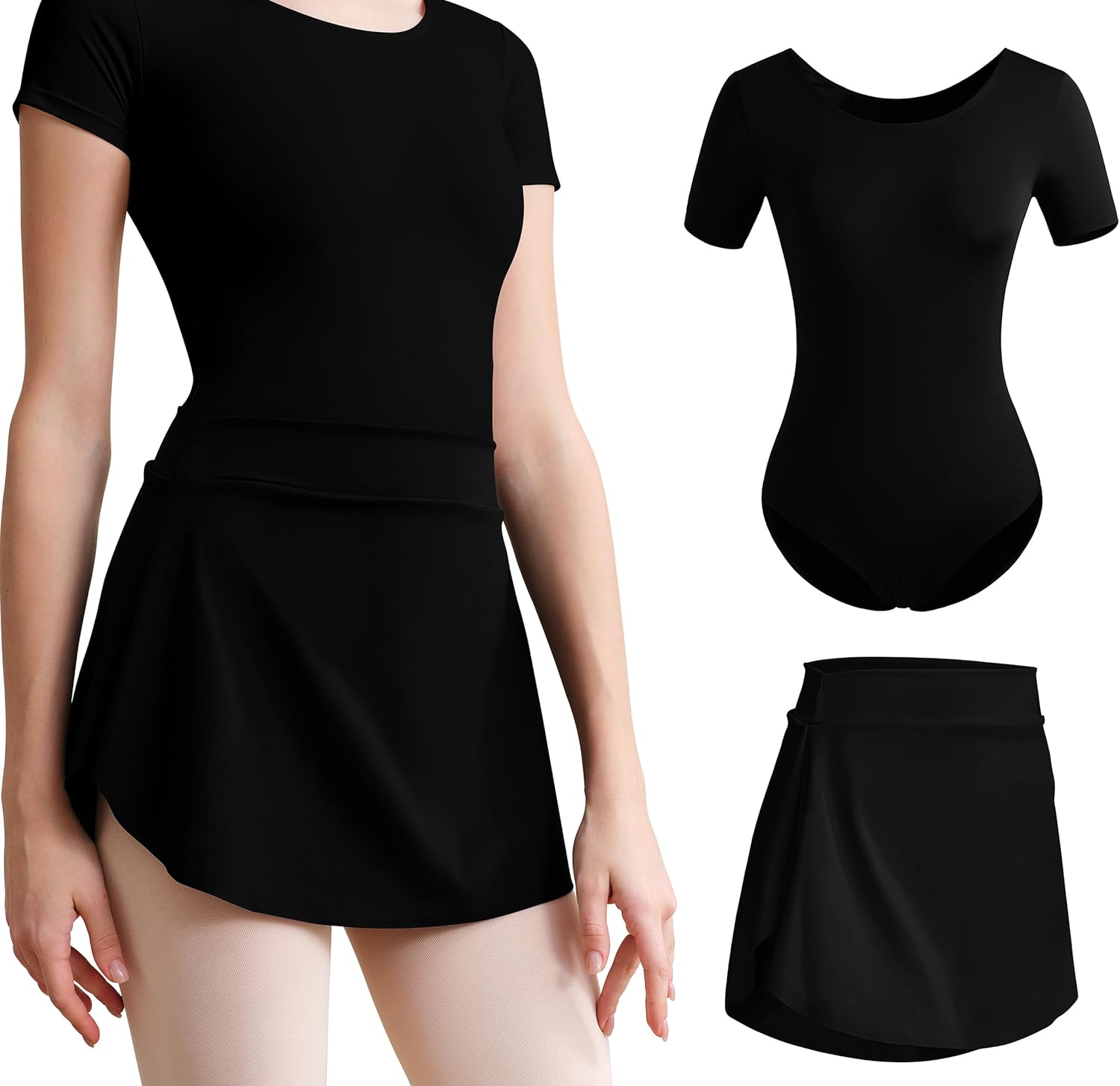 Women's Team Basic Short Sleeve Dance Leotard with Pull on Ballet Skirt