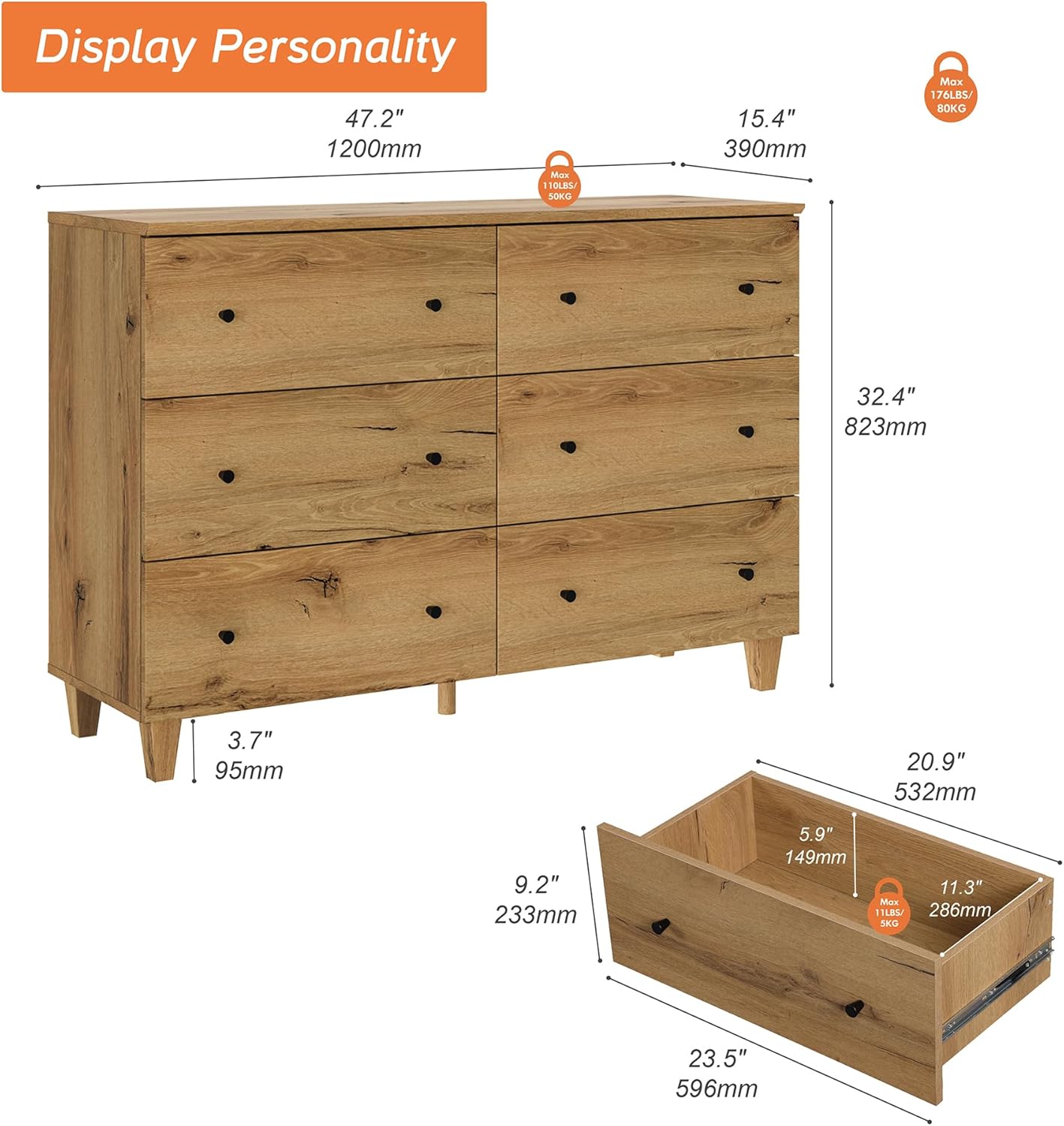 WAMPAT Dresser with 6 Drawers for Bedroom, Wooden Kids Dressers with Wide Chest of Drawers, Modern Closet Storage Organizer Furniture with Solid Wood Legs for Living Room, Hallway, Nursery, Oak Brown