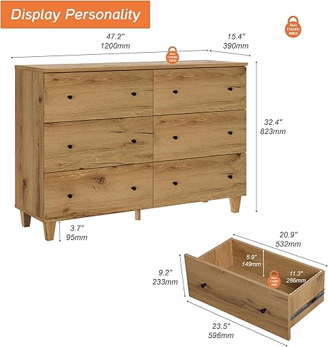 Miniatura 2 de WAMPAT Cómoda de 6 cajones para dormitorio, cómoda doble de 47.2 pulgadas de ancho con cómoda, organizador de almacenamiento de armario de madera