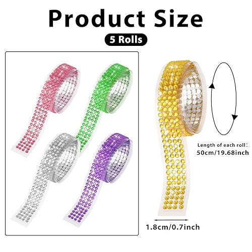 Miniatura 3 de KALIONE Juego de cinta de diamantes de imitación, 5 rollos de cinta de diamantes de imitación de cristal multicolor, cinta autoadhesiva con