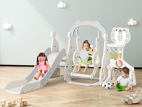 Tobogán para niños pequeños, juego 6 en 1 para niños  Mejora con tobogán, columpio, fútbol y lanzamiento de anillos para niños de 1 a 3 años, parque