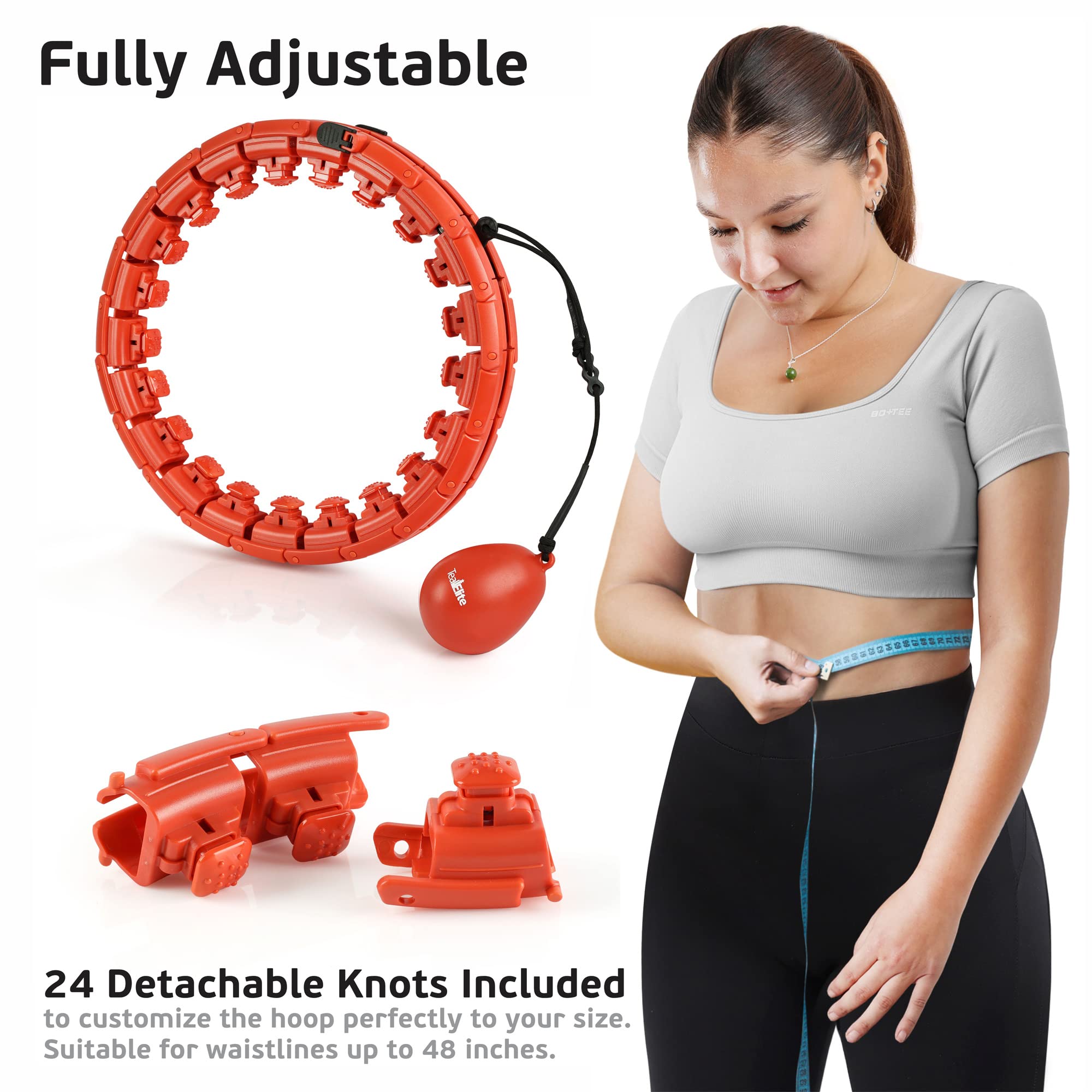 Teal Elite Hula Hoop lesté intelligent pour adultes - Entièrement réglable avec 24 nœuds amovibles - 2 en 1 - Massage abdomen - Rouge