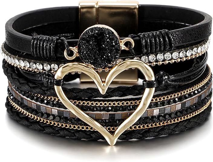 Fesciory Leopard Bracelet for Women, Boho Leather Wrap Multi-Layer Pearl Crystal Bracelet Bangle Jewelry