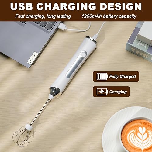 Miniatura 5 de Espumador de leche eléctrico de mano con 2 cabezales, mezclador de espuma de batidor de café con USB recargable 3 velocidades, licuadora de espuma