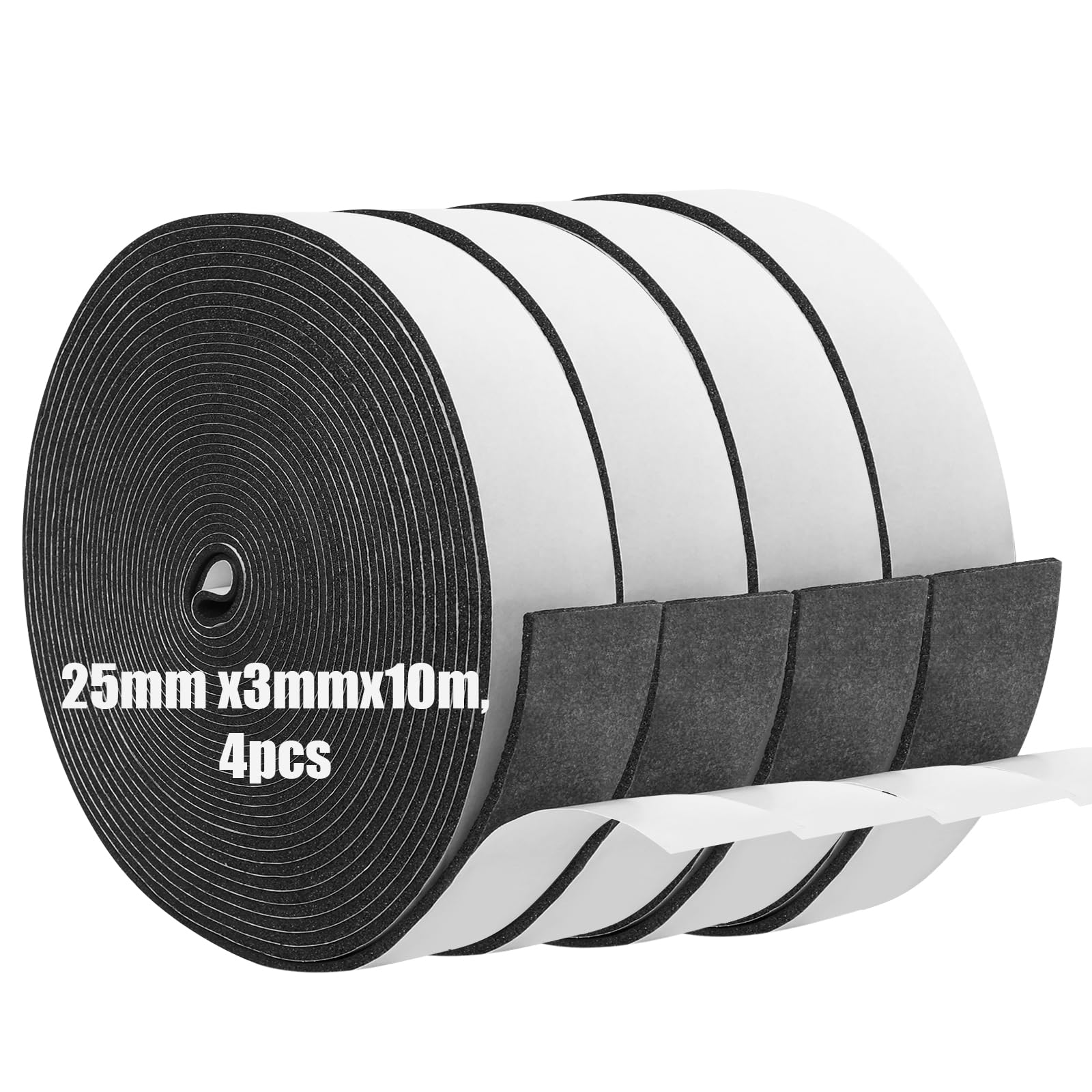 Foam Insulation Tape Self Adhesive,25mm(W) x3mm(T) x10m(L)-4pcs,Weather Stripping for Doors and Windows,Sound Proof Soundproofing Door Seal,Weatherstrip,Cooling,Air Conditioning Seal Strip