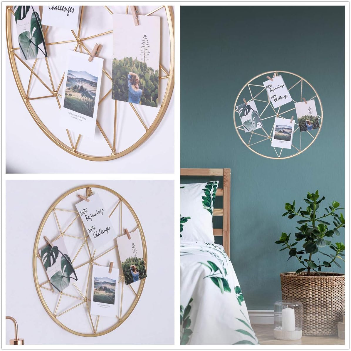 Yamfurga Geometric Wire Grid Wall Mount Display Rack, Round Metal Photo Organizer Display Stand, Creative Hanging DIY Wall Decor Home Ornament, 17.7”X17.7”,Gold