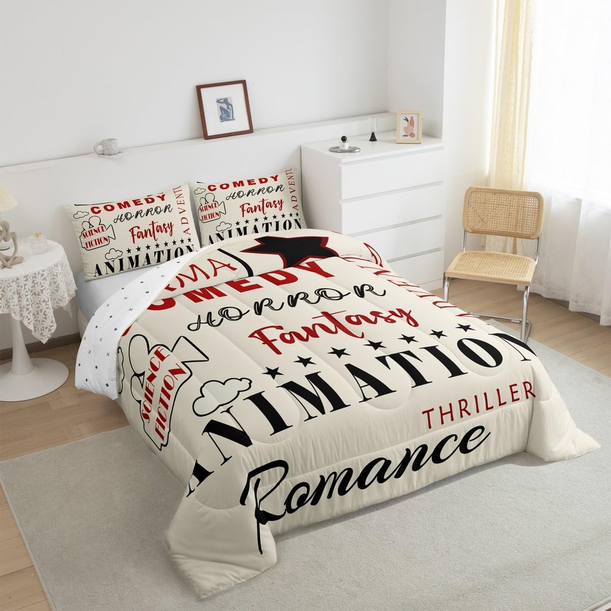 Movie Theme Comforter Set Vintage Cinema Ticket Bedding Home Theater Decor Duvet Insert Movie Lover Movie Theater Theme Bedding Comforter Sets Retro Cinema Style Quilt Full Size with 2 Pillowcases