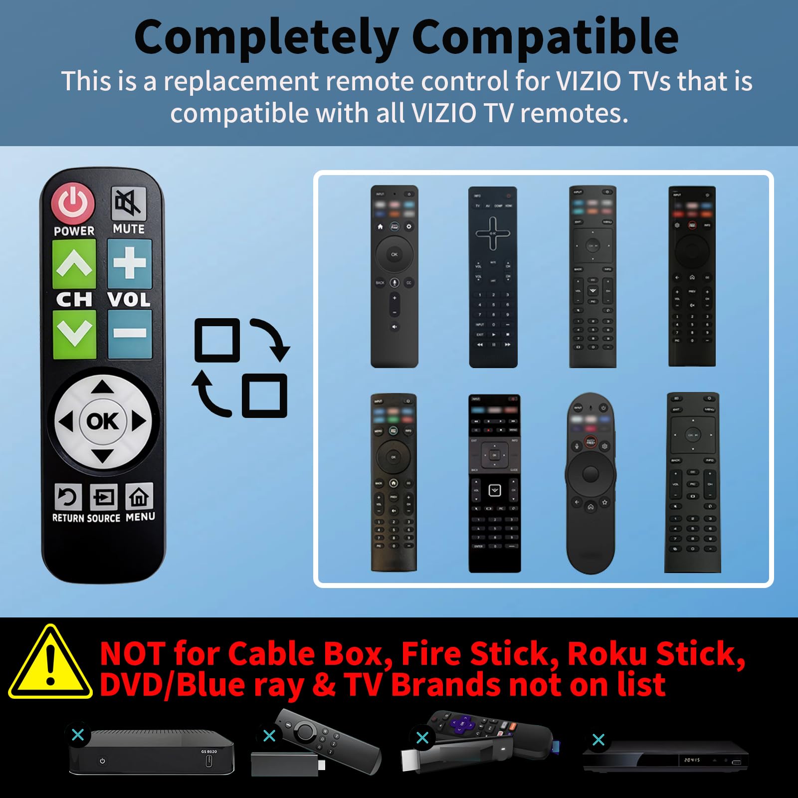 Telecomando di ricambio per TV Vizio TV con grande pulsante retroilluminato con copertura e gancio, telecomando universale, nessuna configurazione per anziani con problemi di vista, pazienti