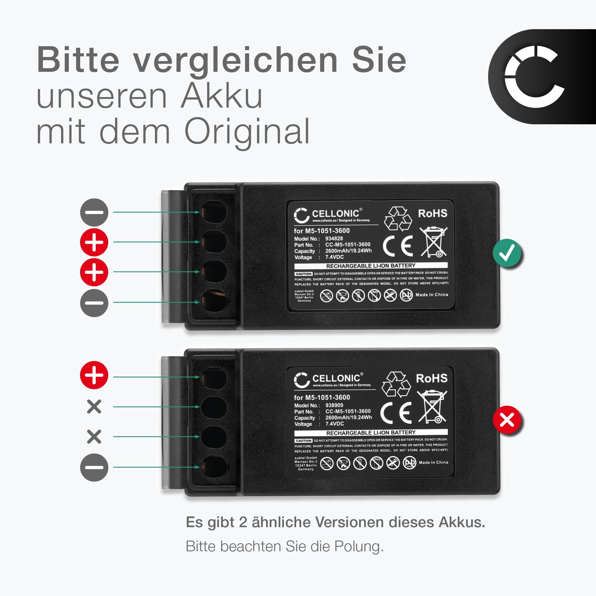 subtel, Batería para mandos a Distancia Compatible con Cavotec M9-1051-3600 EX, MC-3, MC-3000 (2600mAh, 7.4V)