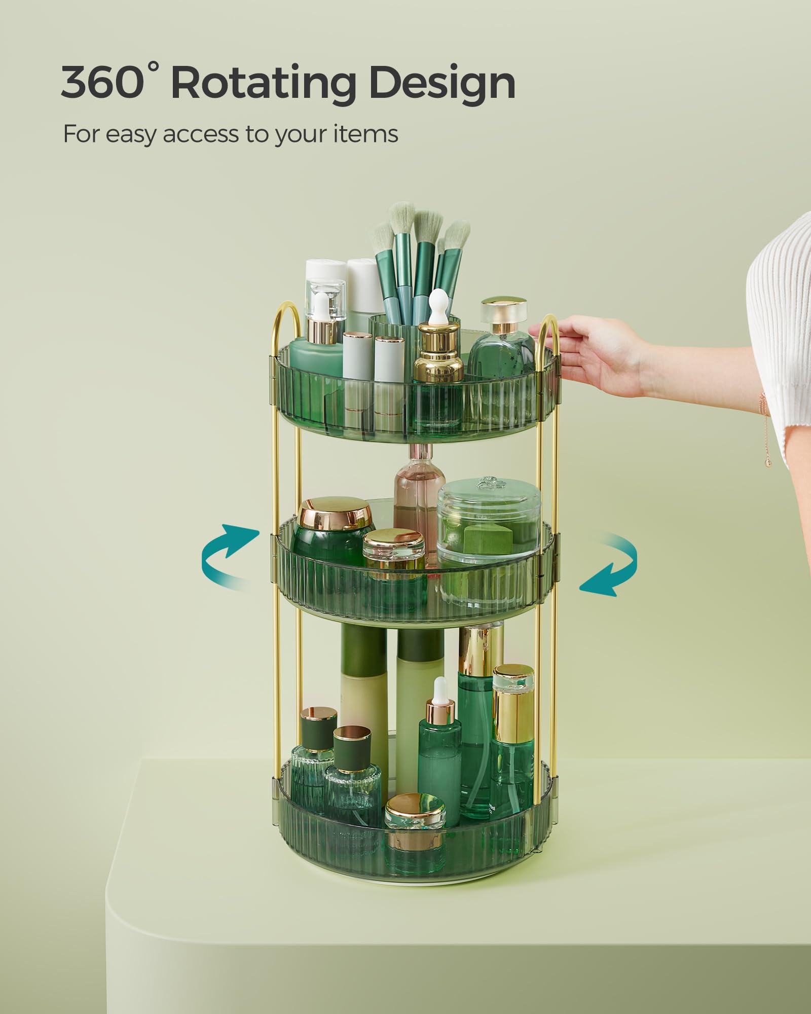 SONGMICS Makeup Organiser Rotating, 3-Tier Round Skincare Organiser, Customisable, Toiletries Cosmetics Organiser, Gift - Image 3