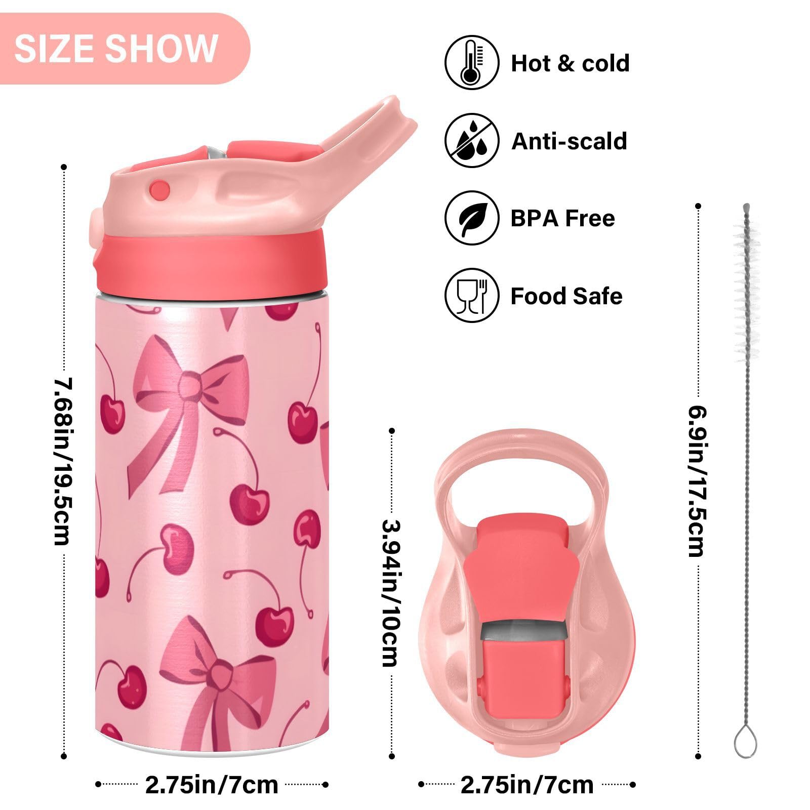 Cute Strawberry Water Bottle For Girls - 16oz Insulated Stainless Steel Tumbler With Straw & Bow, Leakproof, Pink