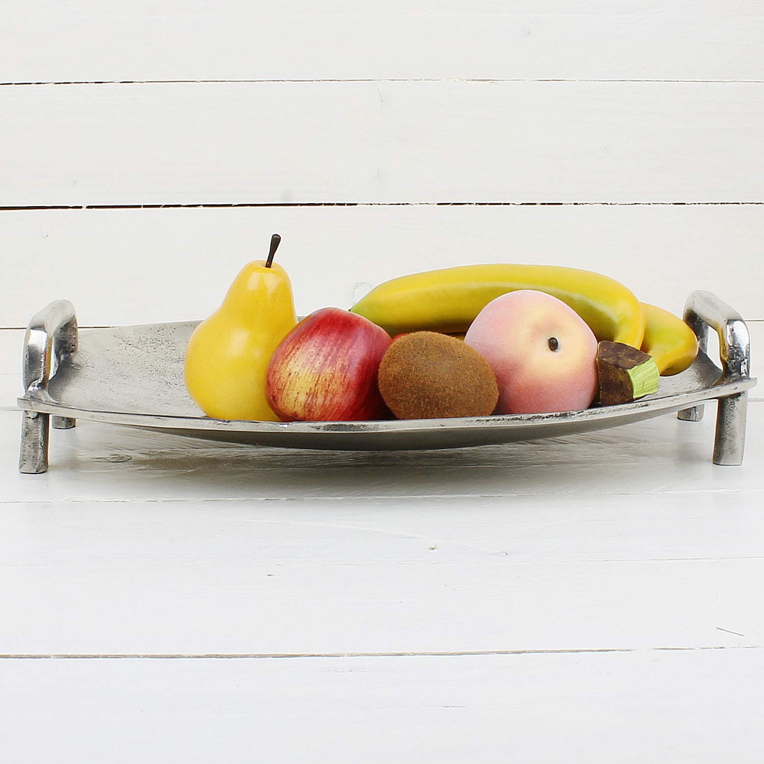 MACOSA LC191066 Hochwertiges Deko-Tablett mit Griffen Silber oval Aluminium Tisch-Dekoration Kerzenteller Servierplatte Obsttablett Wohn-Accessoire (L)