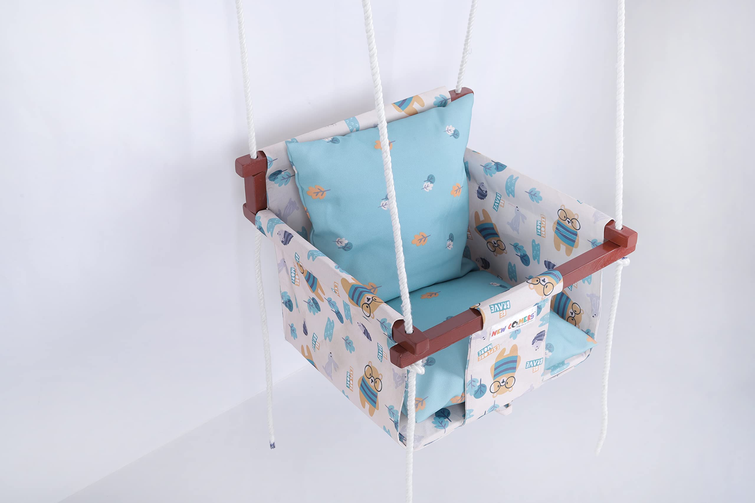 Cotton Swing for Kids, Jhula for Baby, Baby Swing Hanging Indoor Outdoor, Baby Garden Swing with Safety Belt & 2 Pillows (6 Months to 4 Years) (Up to 20 kg)-Beige-Blue (TC 150/300) 906