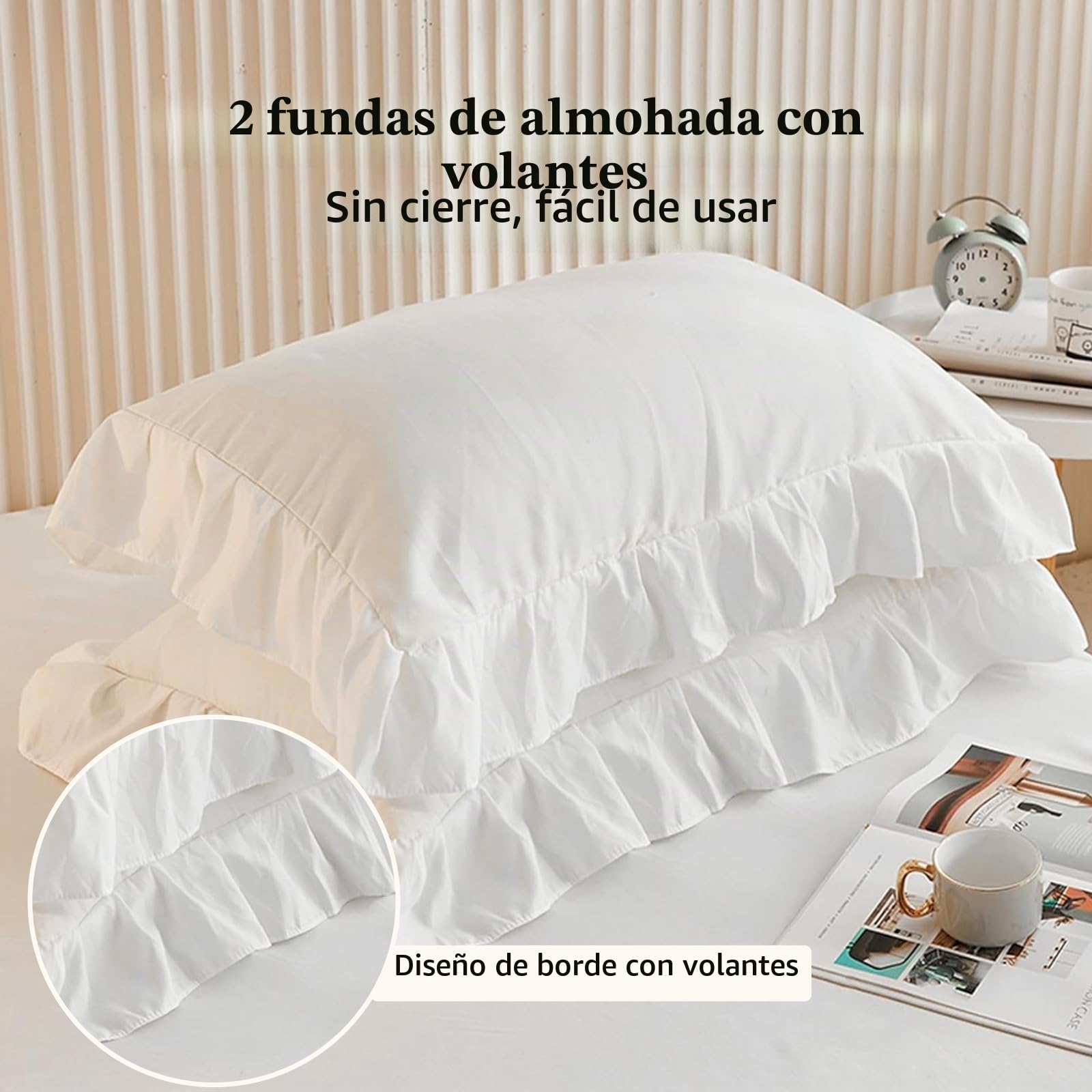 Juego de ropa de cama de 3 piezas con volantes blancos y 2 fundas de almohada con volantes, funda de edredón con cierre de cremallera, juego de funda de edredón de microfibra suave para cama doble 200