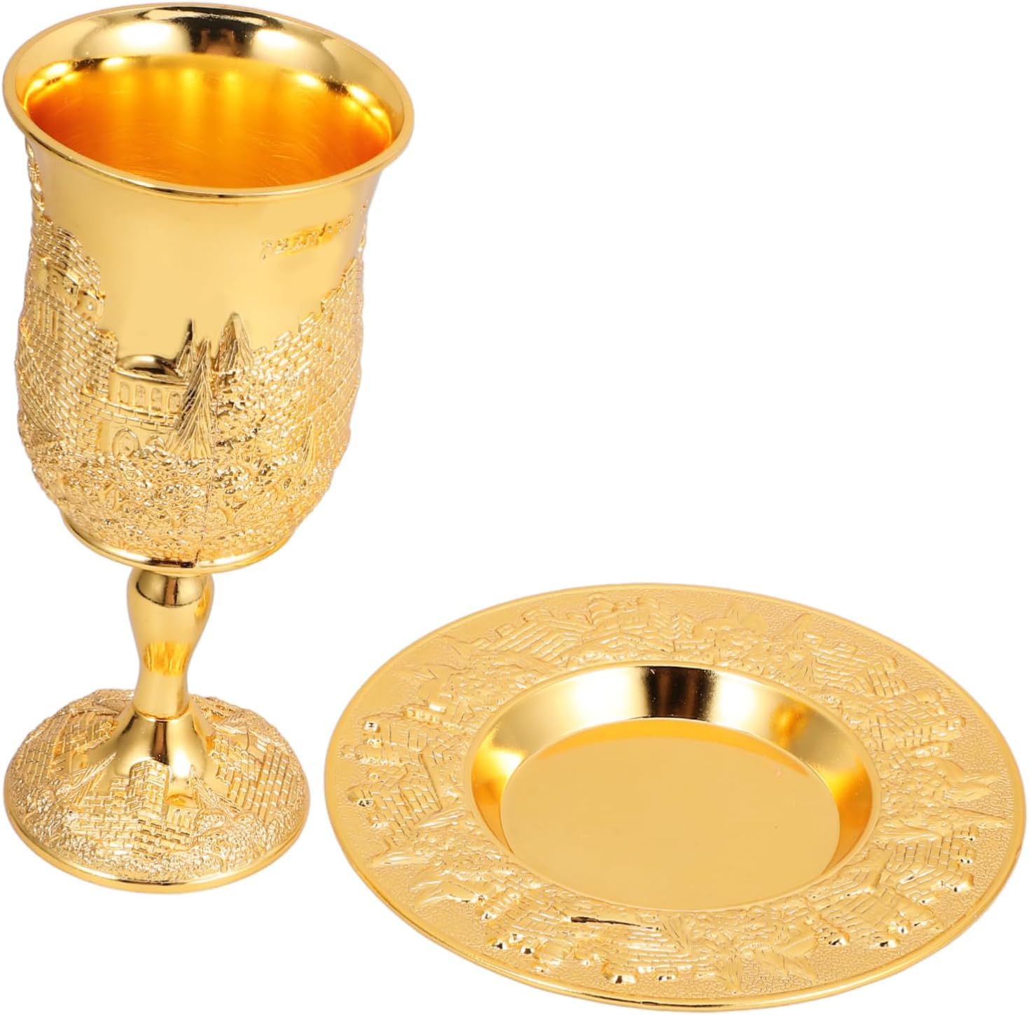 1 Set Elegant Judaica Shabbat Cup with Saucer Passover Wine Goblet Silver-Plated Metal for Holiday Celebrations