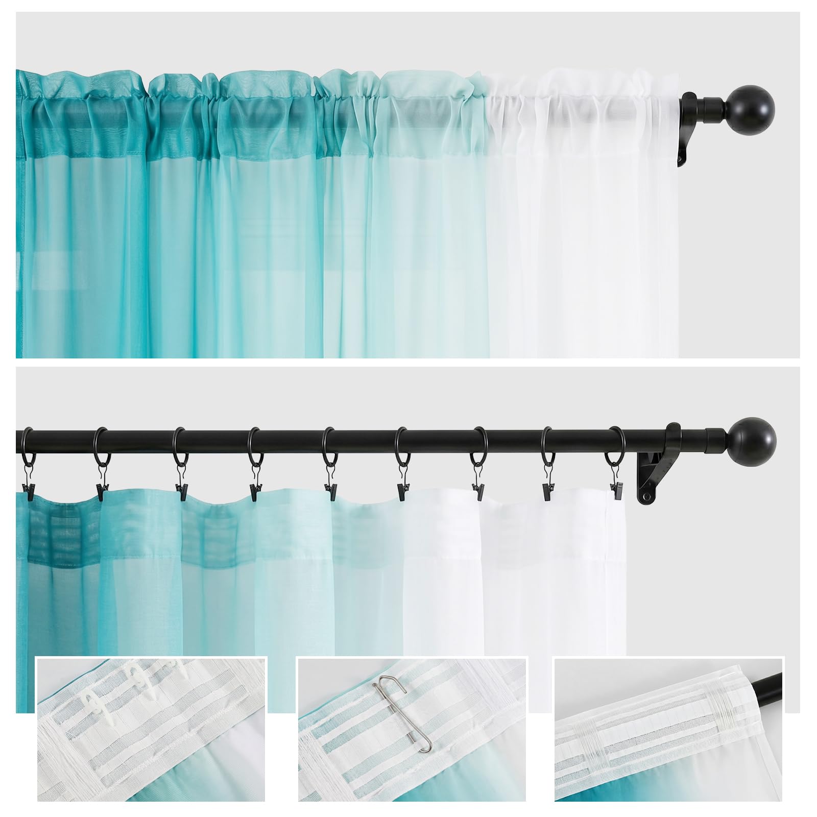 Melodieux Tende Tasparente Ombre Tende per Interni 2 Pezzi, 140x260cm Blu/Bianco