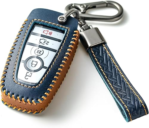 Funda de llavero para Ford, funda de piel auténtica con llavero para Ford, Azul