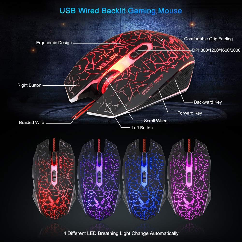 Best Review Gaming Keyboard and Mouse Combo with Headset, MFTEK Crack Backlit 3 Colors Keyboard, Wired Gaming Mouse, Lighted Gaming Headset with Microphone Set, 50mm Speaker Driver + Mouse Pad for PC Games