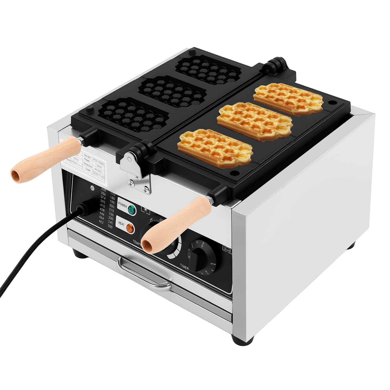 Commercial Electric 3-Slice Honeycomb Waffle Maker Machine 1500W 110V, Nonstick Stainless Steel Waffle Iron with Temp Control (50-300?) & Timer, for Bakeries, Restaurants, Snack Bars, Home Use
