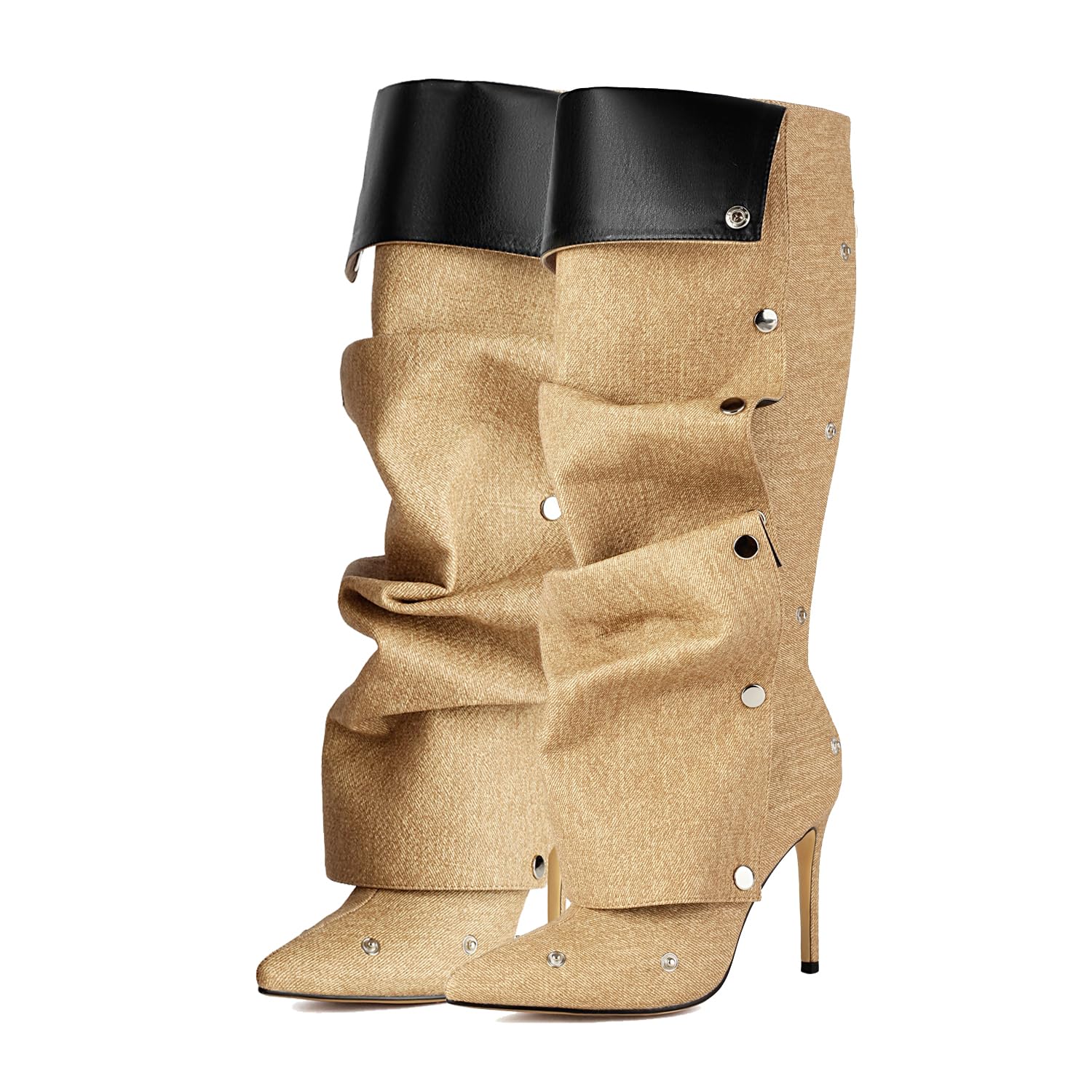 Arqa Womens Stiletto Heel Knee High Boots Pointed Toe Applique Denim Boot with Zipper Silver Buttons Fall Slouchy Boot 9.5 Light Brown