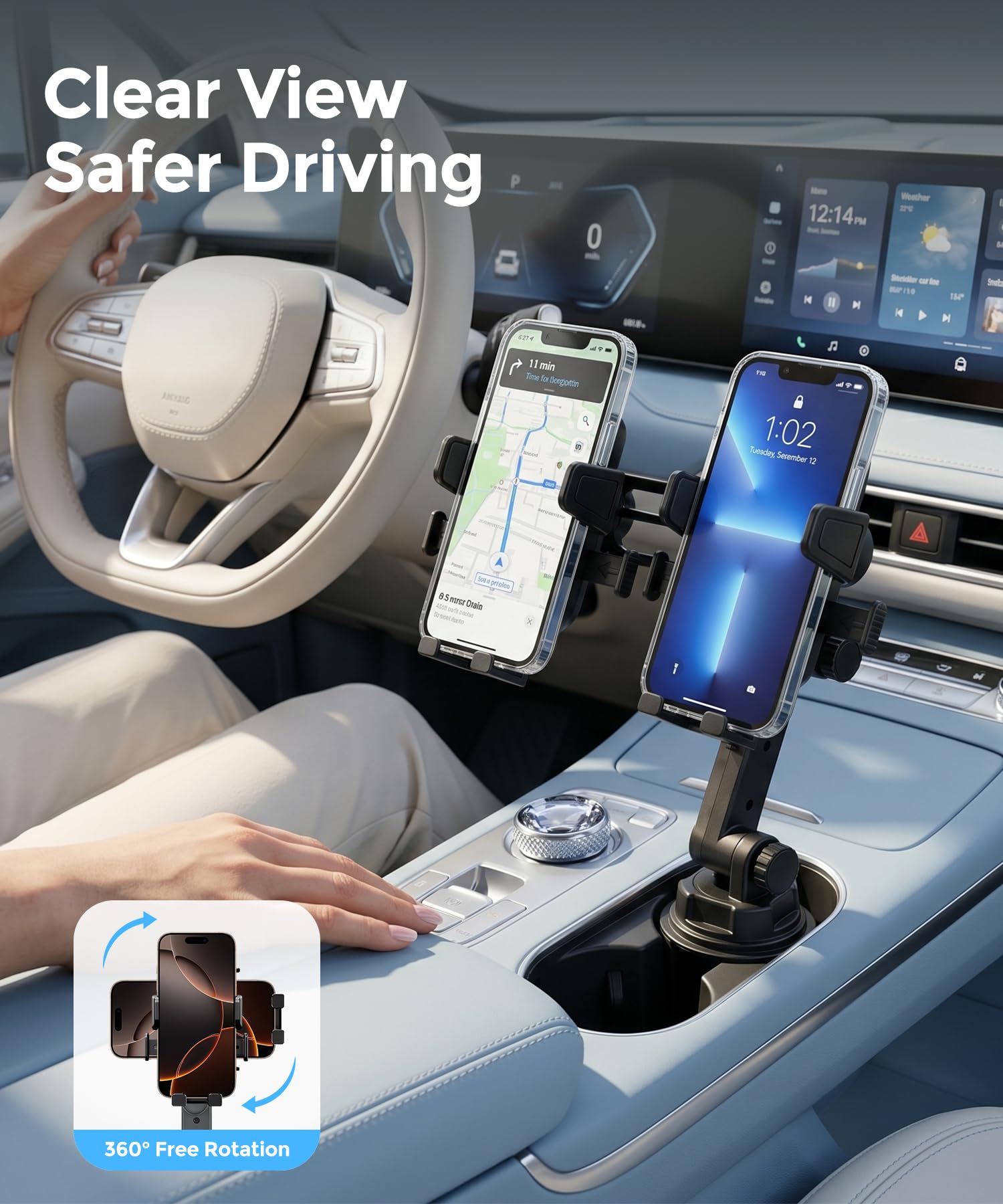 Soporte de teléfono de doble taza para coche, soporte de taza, sostiene 2 teléfonos simultáneamente, soporte universal imprescindible para coche, compatible con iPhone/Samsung/Motorola