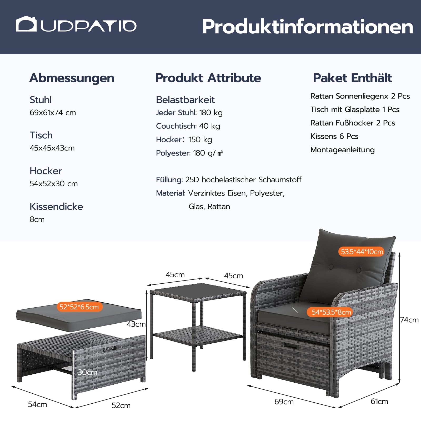 UDPATIO 5-TLG. Rattan Gartenmöbel Set, Balkonmöbel für Kleinen Balkon, inkl. 2 Gepolsterte Sessel, 2 Hocker, 2-stöckiger Kaffeetisch, Wetterfeste Terrassenmöbel für Garten, Terrasse (Grau-meliert)