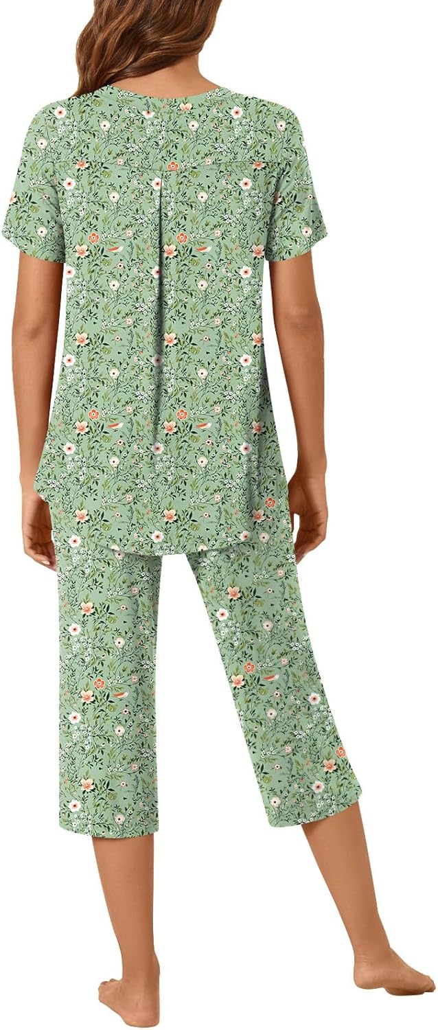 Bestbee Women's Pajama Sets 2 Piece Lounge Outfits Summer Sleepwear V Neck Short Sleeve Capri Pant With Pockets Ladies Pjs - Image 4