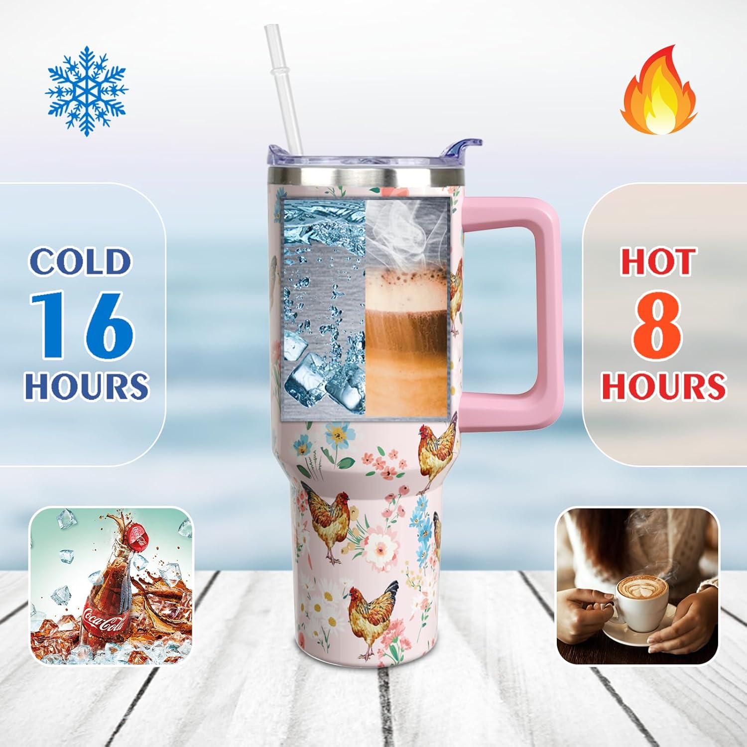 40 oz Chicken Tumbler with Handle and Straw, Rooster Stainless Steel Vacuum Insulated Travel Coffee Mug Cup Water Bottle, Chicken Stuff Accessories Decor, Rooster Gifts for Women Girls - Image 3