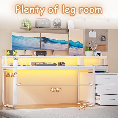 Miniatura 5 de HOMBCK Escritorio blanco con cajones y estantes, escritorio largo en forma de L con almacenamiento y soporte de monitor extraíble para oficina en