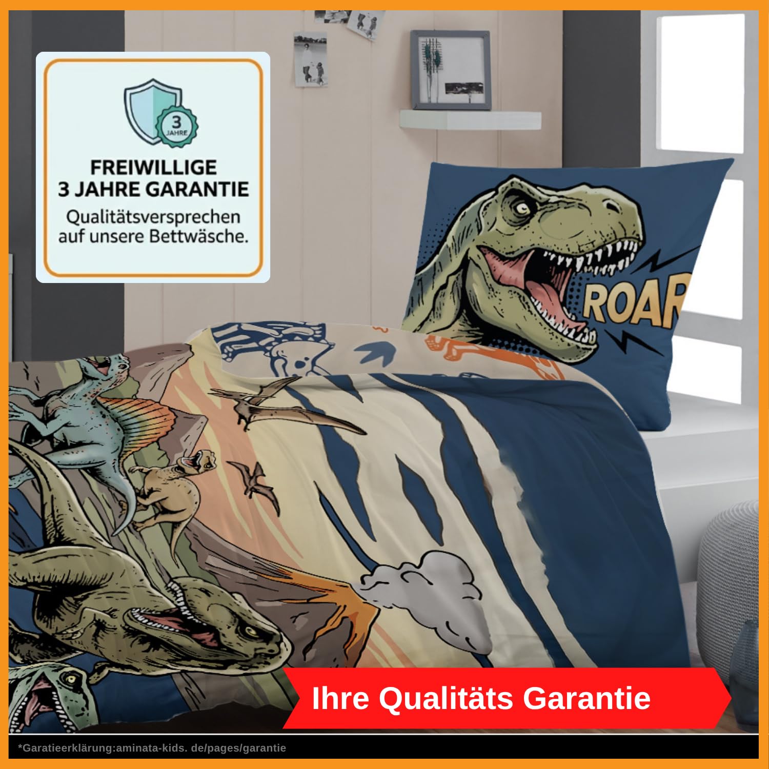 Aminata kids Bettwäsche 135x200 Dinosaurier-Motiv Jungen 100% Baumwolle