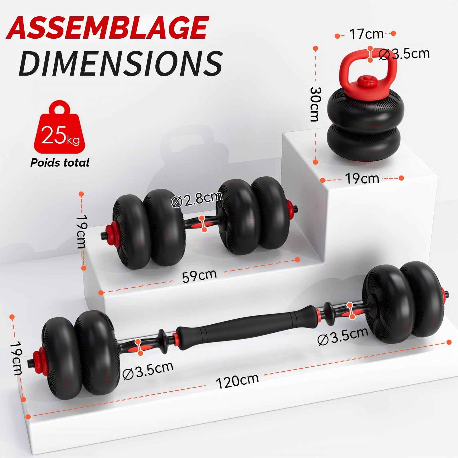 Haltères Réglables 20 kg 25 kg Ensemble d'haltères 4 en 1, Kettlebell, Haltère Barre, Support de Pompes, Disque pour Home Gym Fitness
