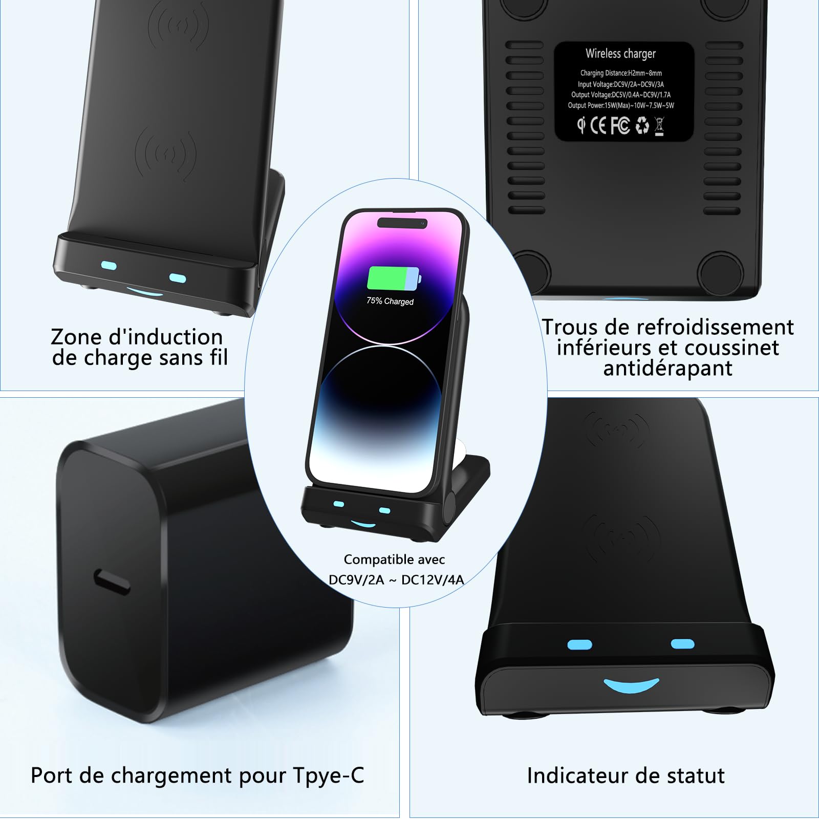 Caricatore senza fili Caricatore Wireless 15W Wireless per Phone Charger Holder WirelessTelefono per iPhone 15 14 13 12 11 Pro Max Samsung Galaxy Google Pixel