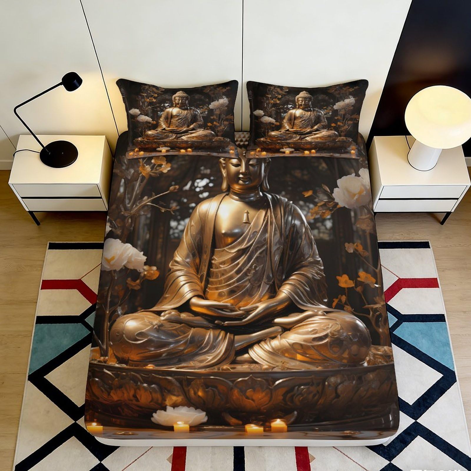 Pnayamiorkfel Style-8 3D Printed Bronze Buddha Statue Fitted Sheet Microfiber Non Slip Floral Meditation Bed Cover For Bedroom Guest Room Decor 90X200x25cm