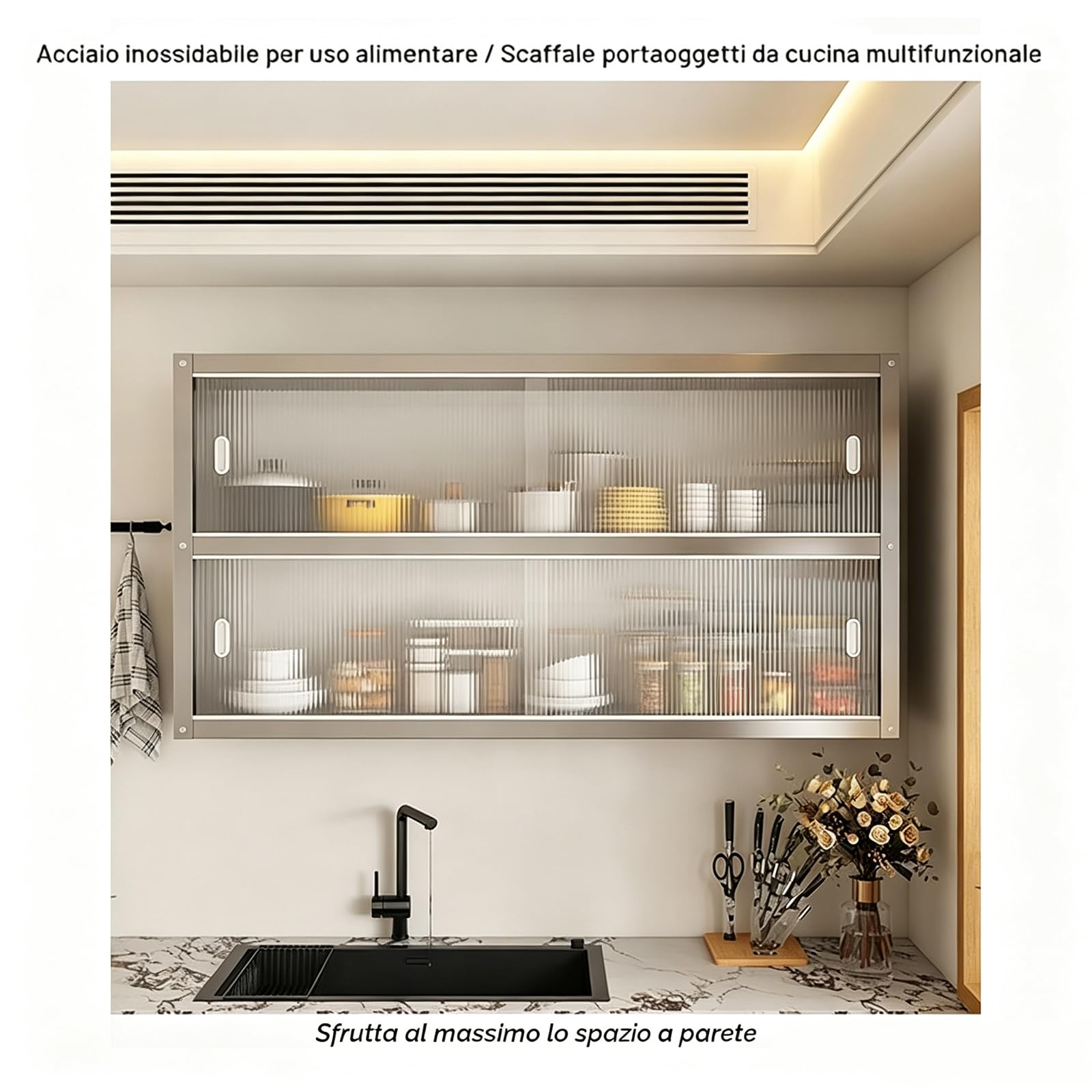 Armario De Cocina Armario Pared Acero Inoxidable con Puertas correderas (Unidad Mural suspendida) Transparentes Dos Opciones De Instalación Soporta hasta 25 Kg por Estante,70 * 30 * 40cm