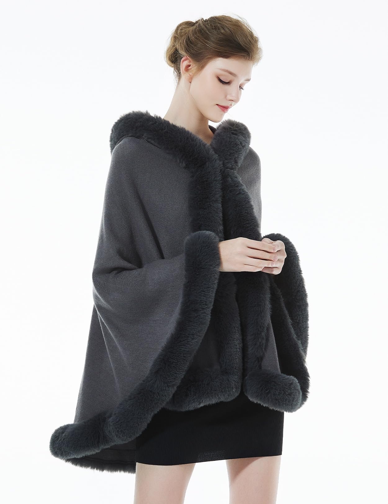 BEAUTELICATE Poncho Mantella di Pelliccia Sintetica Donna Invernale Stola Scialle con Cappuccio Lavorata a Maglia Cardigan per Cerimonia Festa Matrimonio