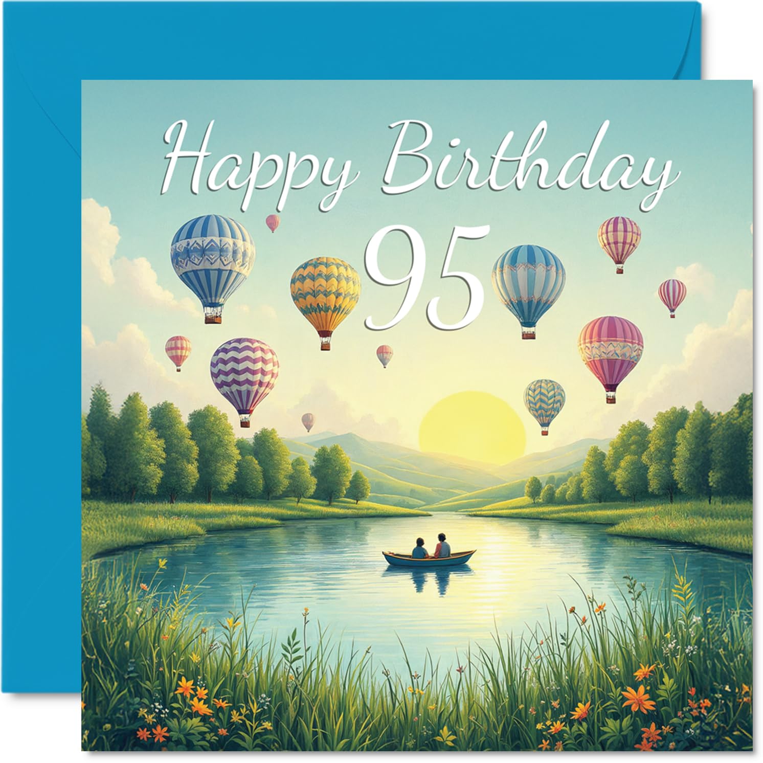 95th Birthday Cards for Men, Lake View of Hot Air Balloons