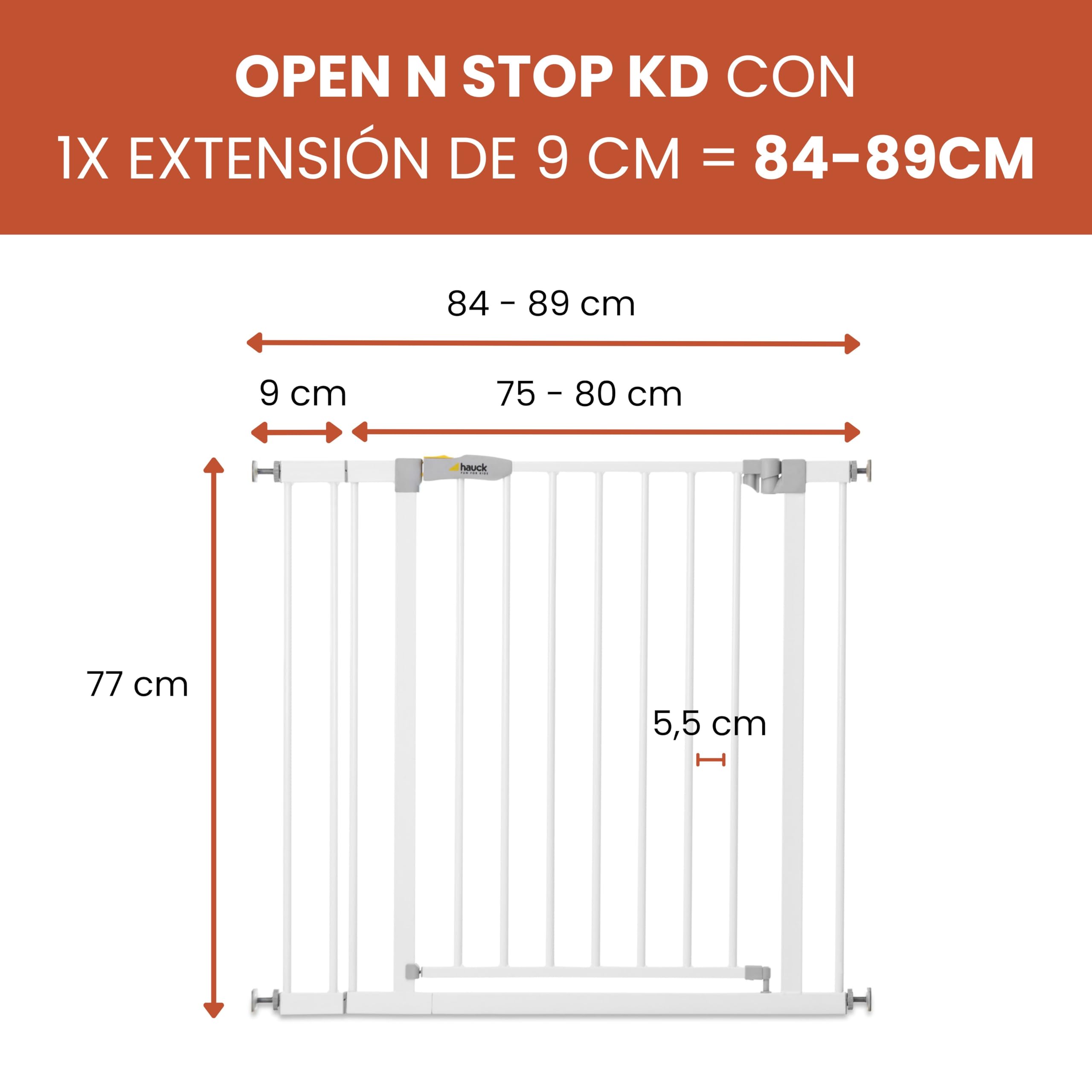 hauck Barrera Seguridad Niños para Puertas y Escaleras Open N Stop Safety incl. Extension 9 cm - Barandilla Escalera Niños sin Agujeros - Vallas Infantiles - Metal 84- 89 cm - Blanco