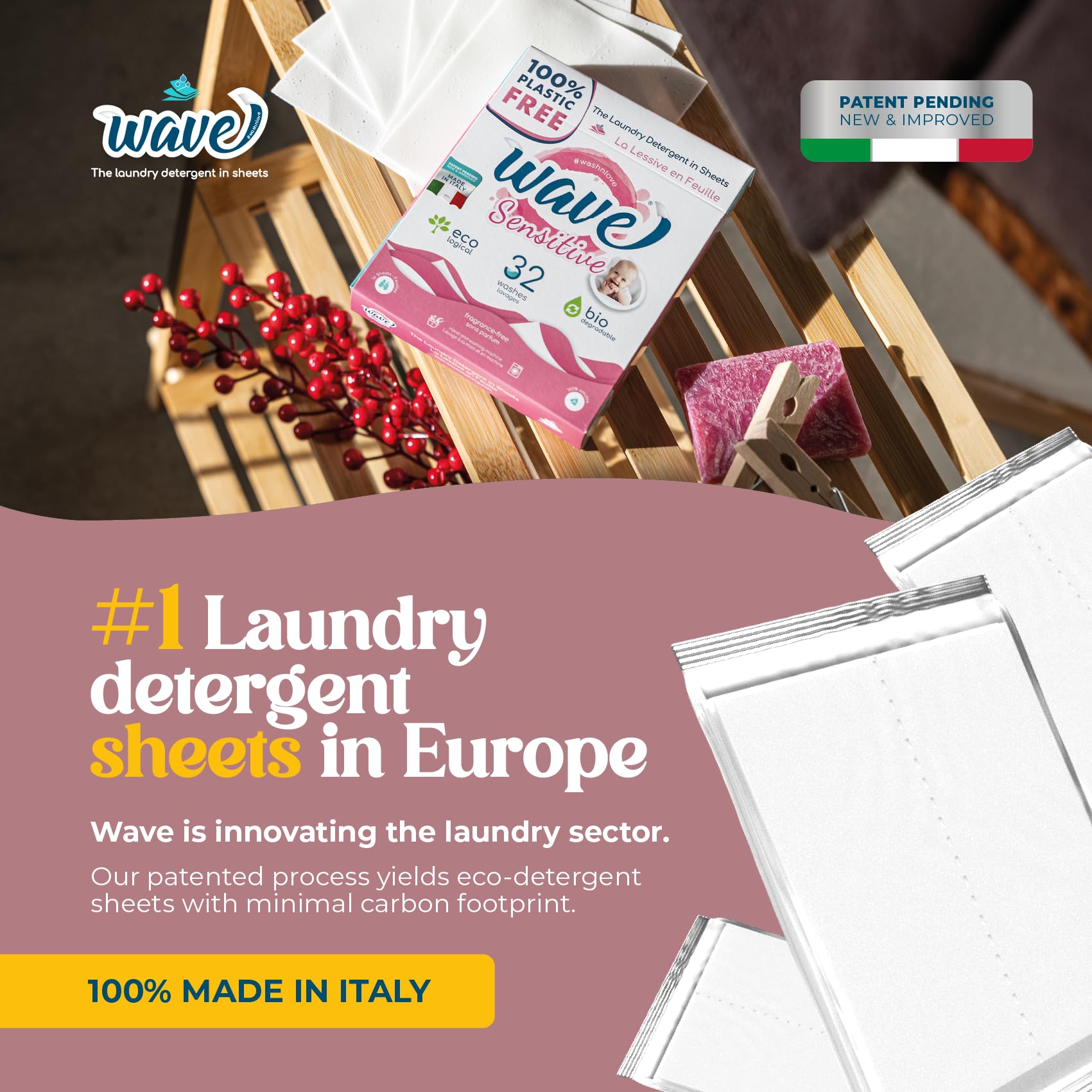 Wave Washing Sensitive - środek do czyszczenia arkuszy - 100% PLASTIC ZA DARMO - 32 pranie - Made in Italy - Ekologiczny - Biodegradowalny