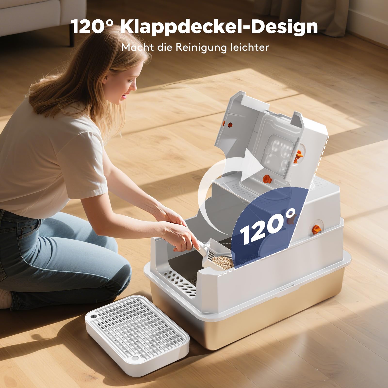 MIXJOY Edelstahl Katzenklo XXL mit Deckel, Katzentoilette Edelstahl Zwei-Tür-Konfiguration, Geschlossenes Katzenklo mit Schaufel, Leicht zu Reinigen, Geeignet für große/mehrere Katzen, 59x38x39cm